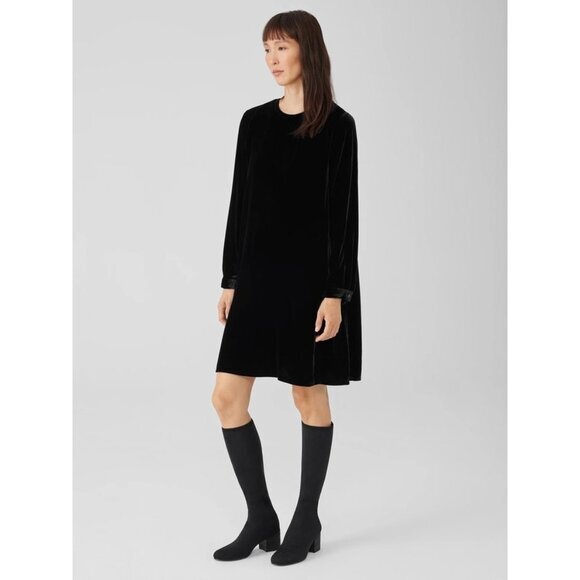 EILEEN FISHER BLACK Velvet Crew Neck Dress Size XS